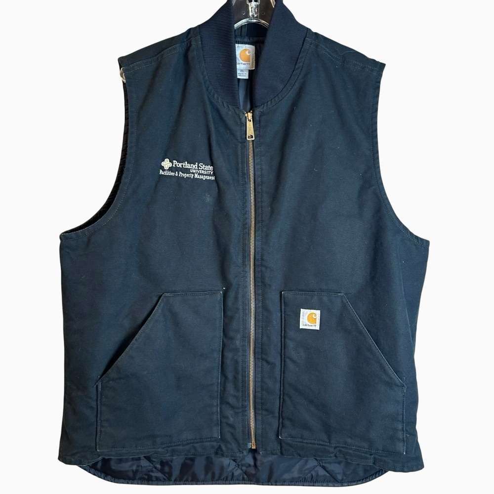 VTG Carhartt Mens Duck Black Full Zip Canvas Vest Size XL Tall Portland State